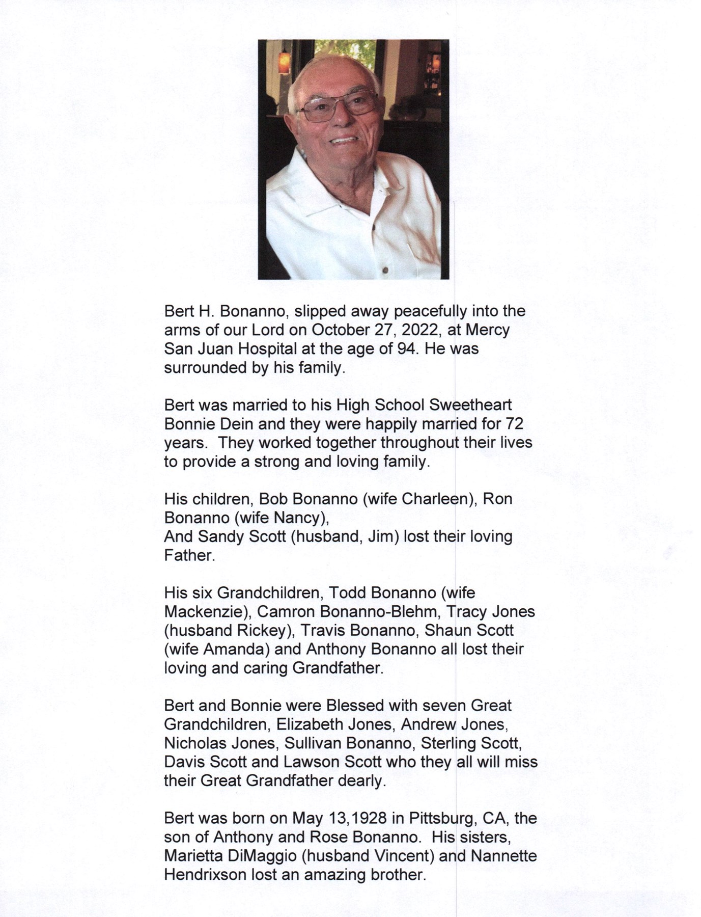 Obituary of Bert Harris Bonanno