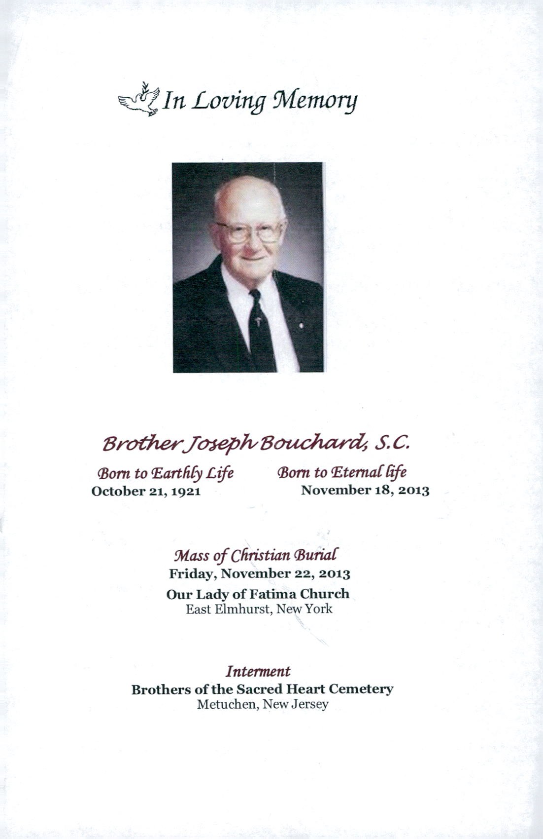 Obituary of Brother Joseph Bouchard, SC