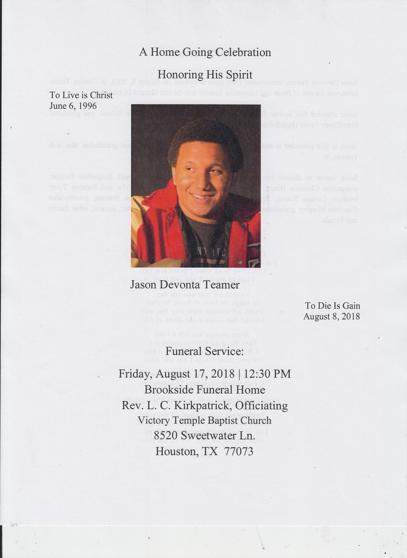 Obituary of Jason Devonta Teamer