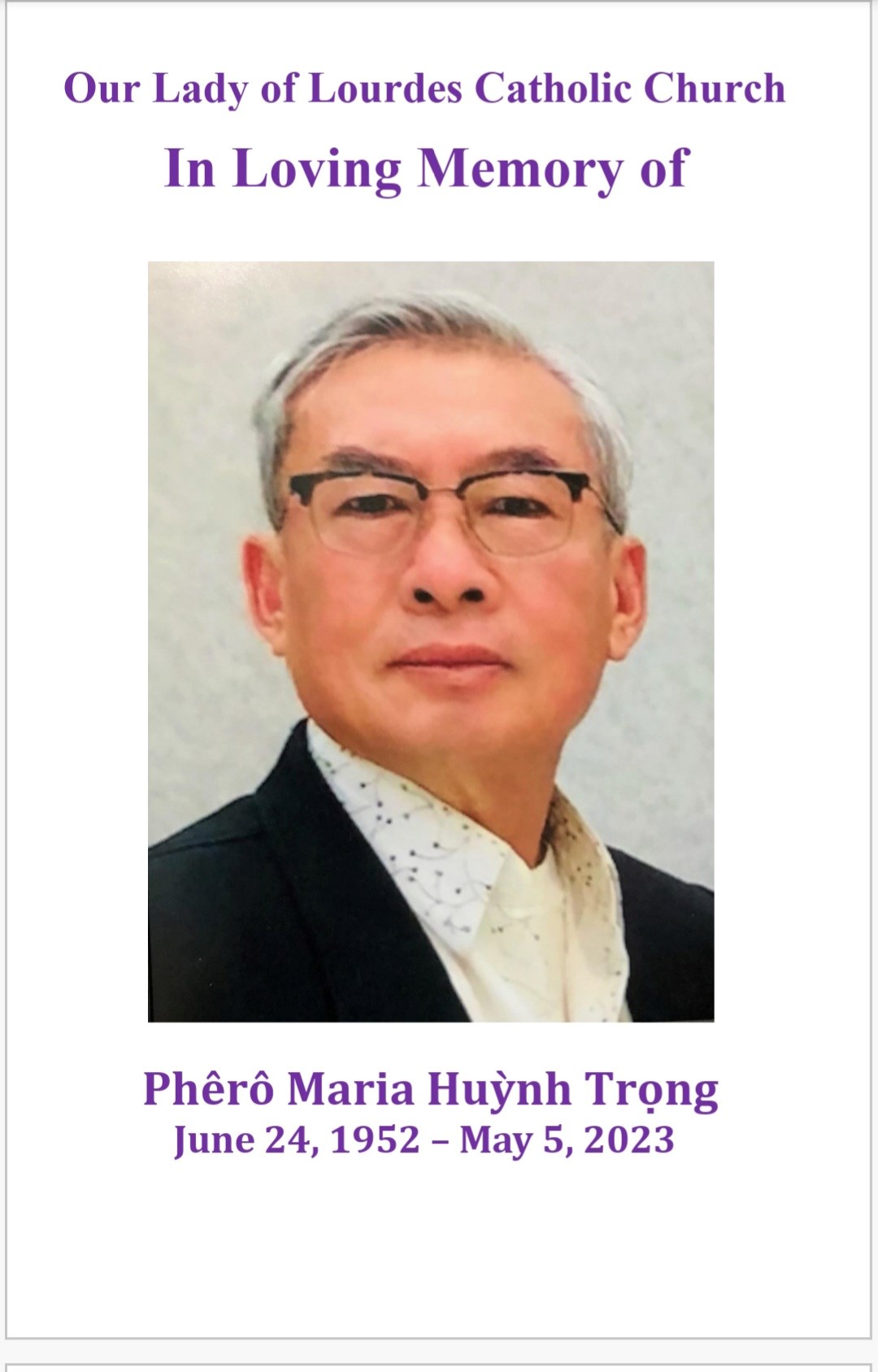 Obituario de Ông Phêrô Maria Huỳnh Trọng