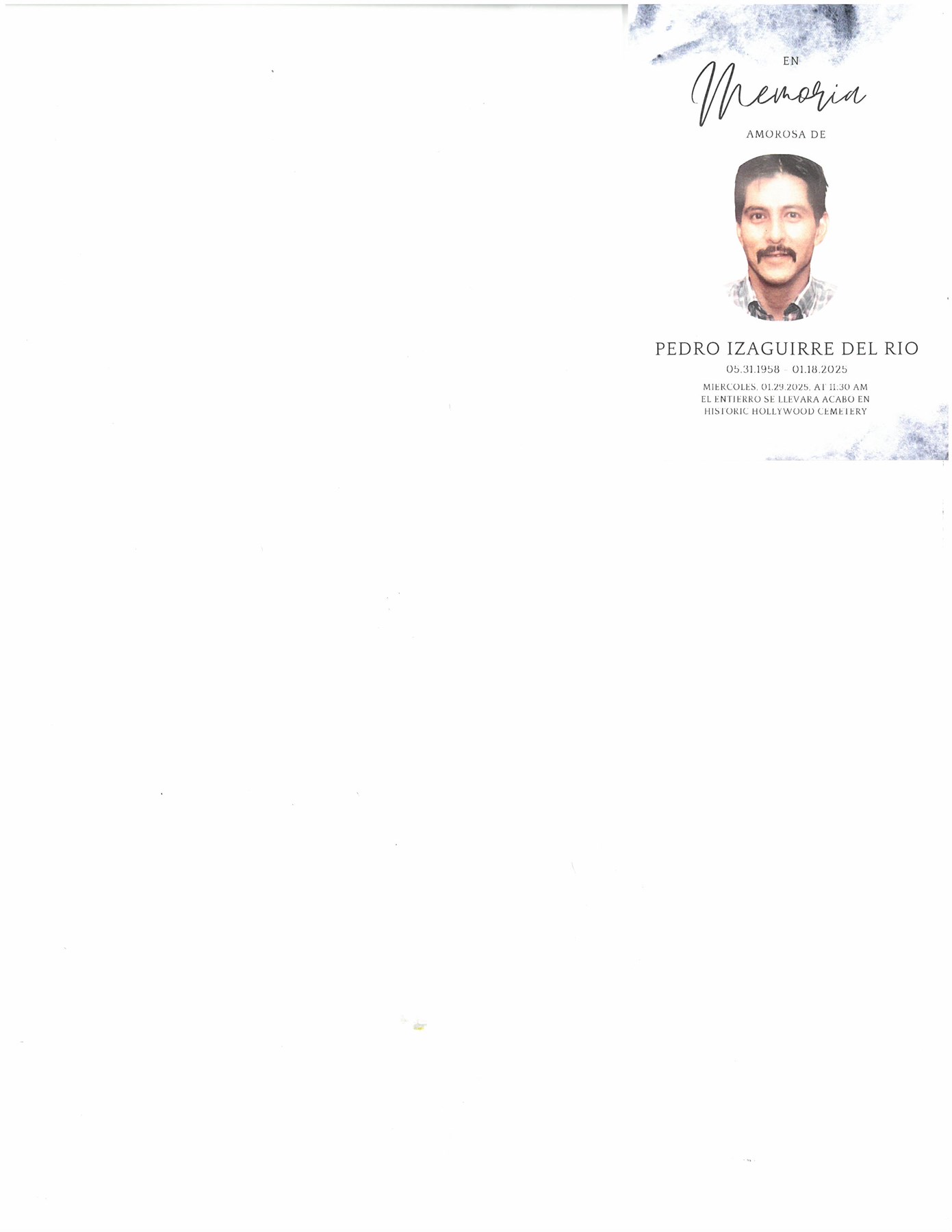 Avis de décès de Pedro Izaguirre del Rio
