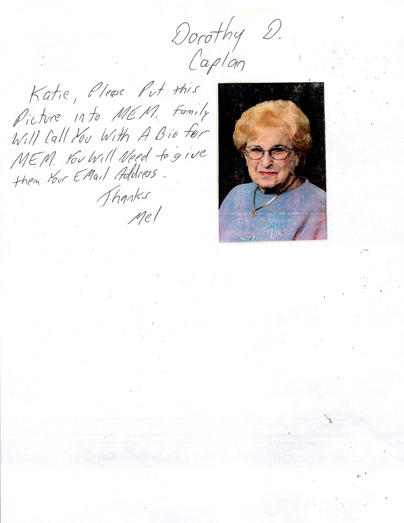 Obituary of Dorothy Dvera Caplan