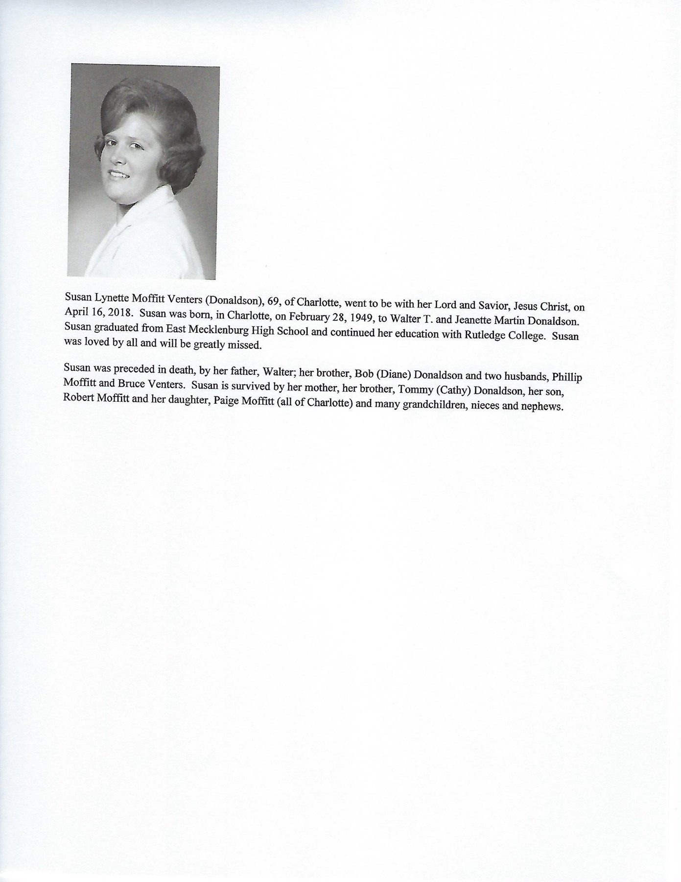 Obituary of Susan Donaldson Venters