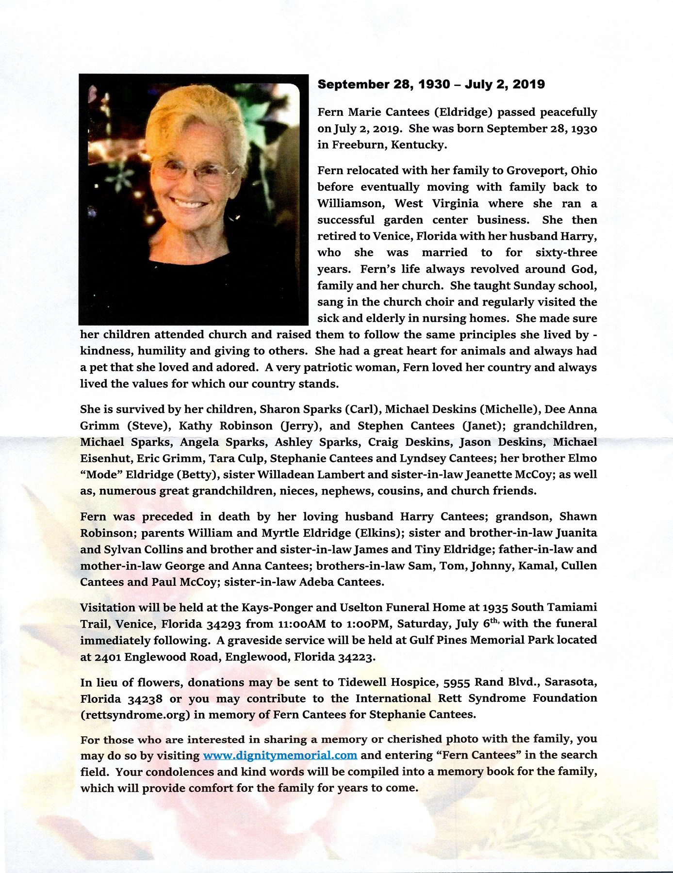 Obituary of Fern Marie Cantees (Eldridge)