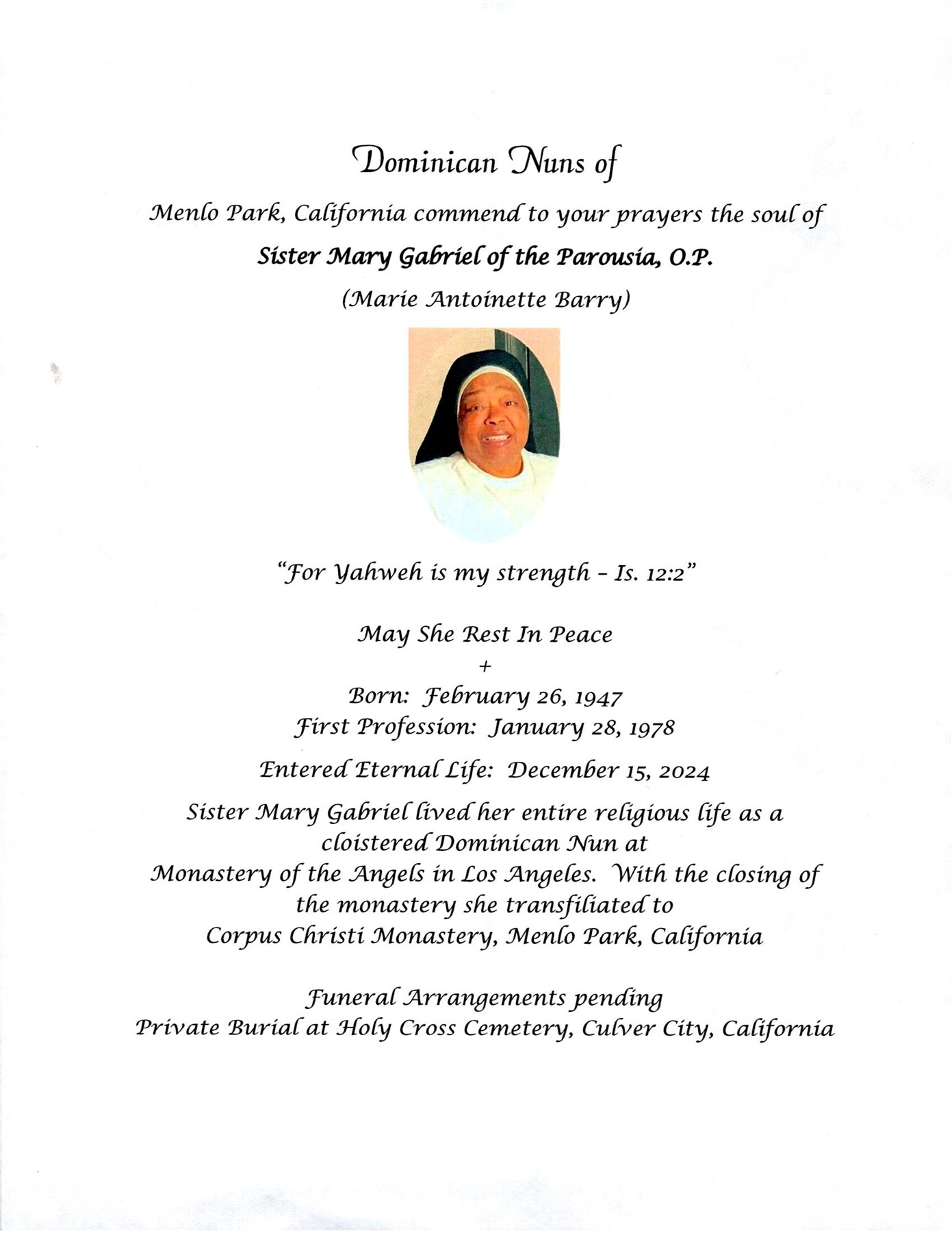 Obituary of Marie  Antoinette Barry