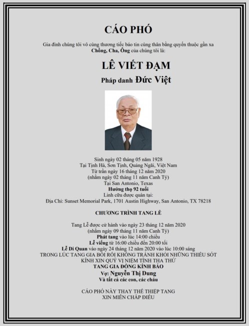Avis de décès de Dam Viet Le