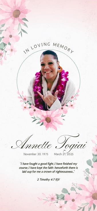 Avis de décès de Annette Tauli Taumata Togiai