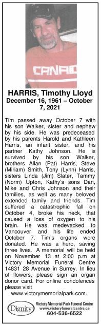 Avis de décès de Timothy Lloyd Harris