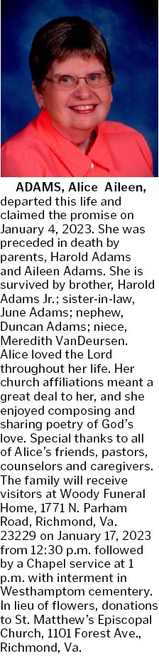 Obituary of Alice Aileen Adams
