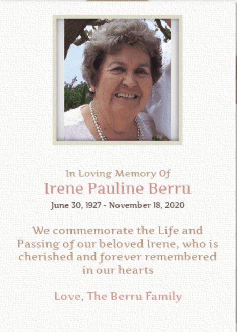 Obituario de Irene Pauline Berru