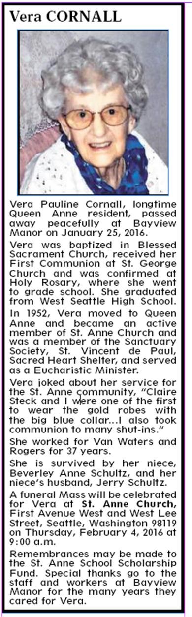 Obituary of Vera Pauline Cornall