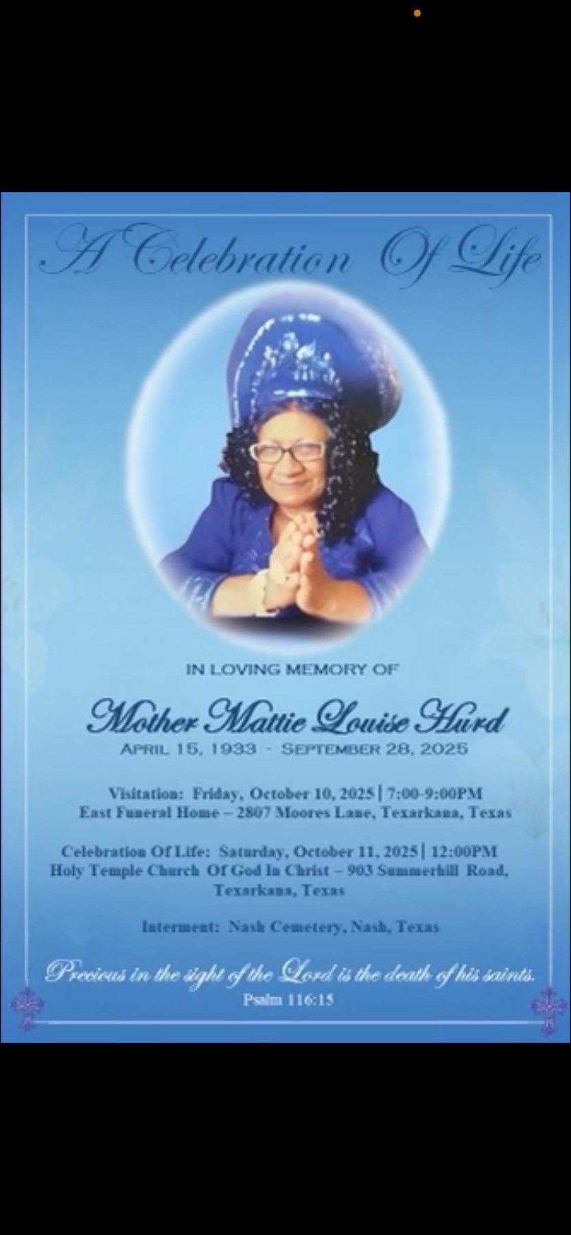 Avis de décès de Mother Mattie Louise Newsome Hurd