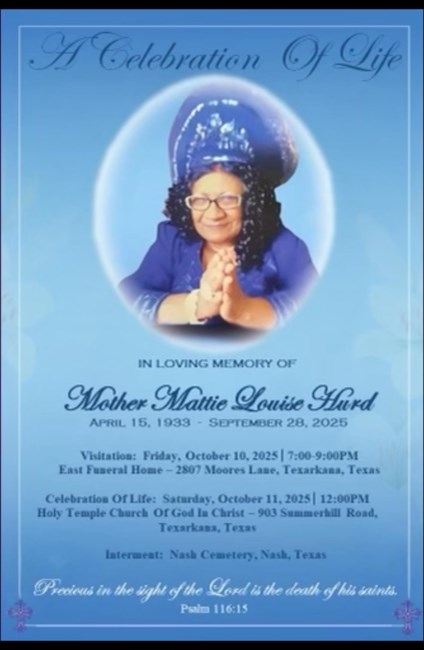 Avis de décès de Mother Mattie Louise Newsome Hurd