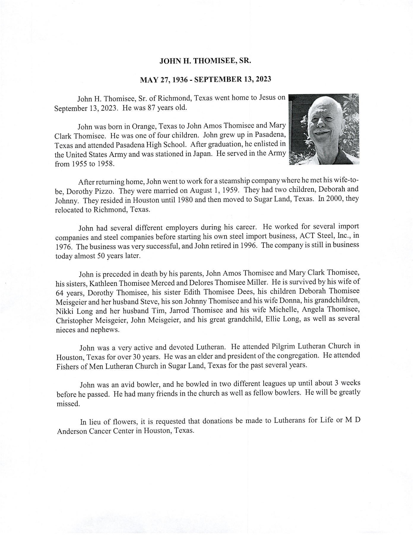 Obituary of John Howard Thomisee
