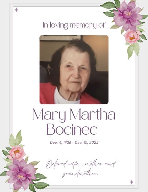 Obituary of Mary Martha Bocinec