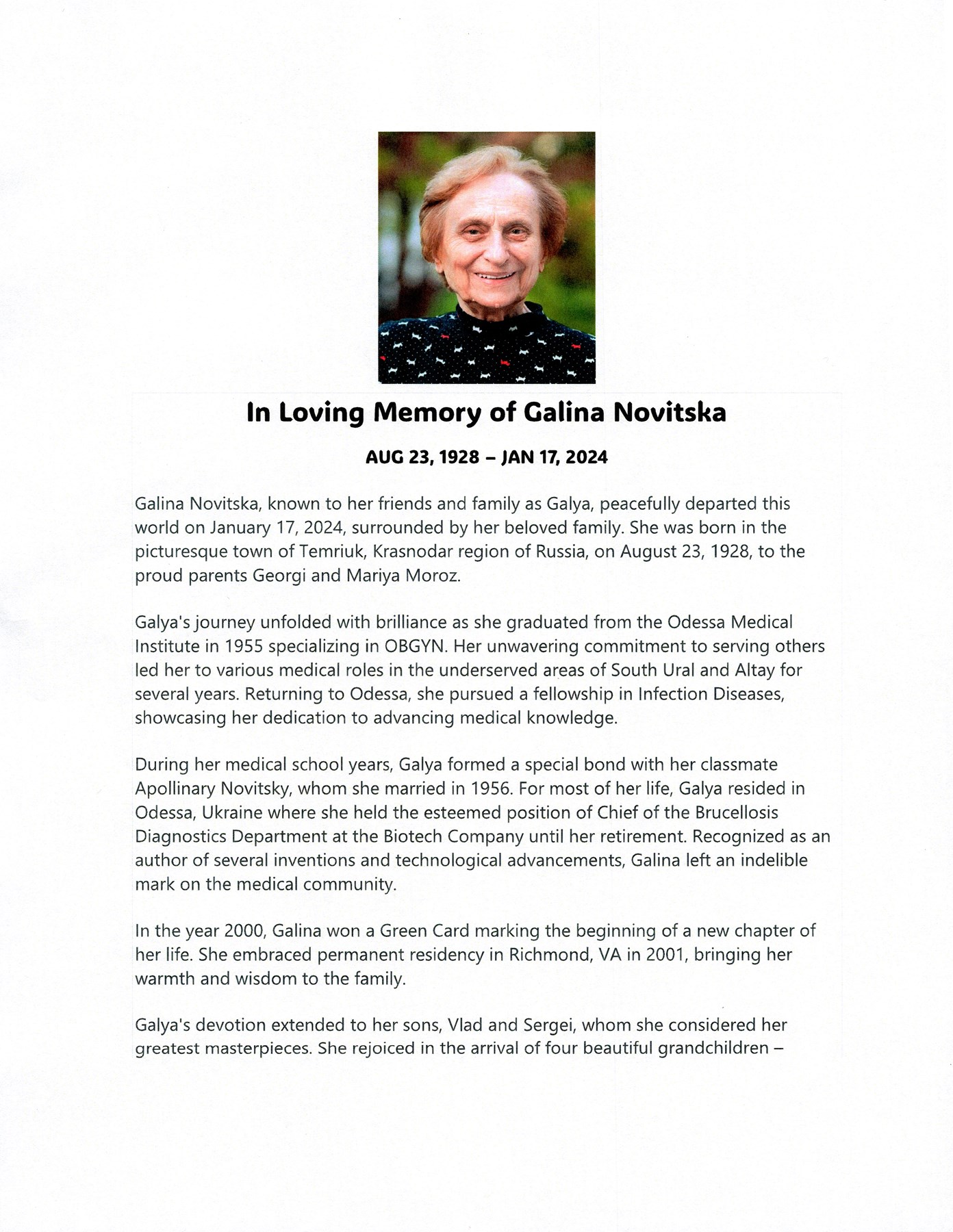 Obituary of Galina Novitska