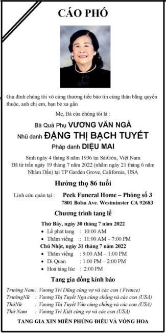 Obituary of Bach Tuyet Thi Dang