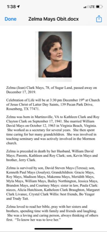 Obituary of Zelma Jean Clark Mays