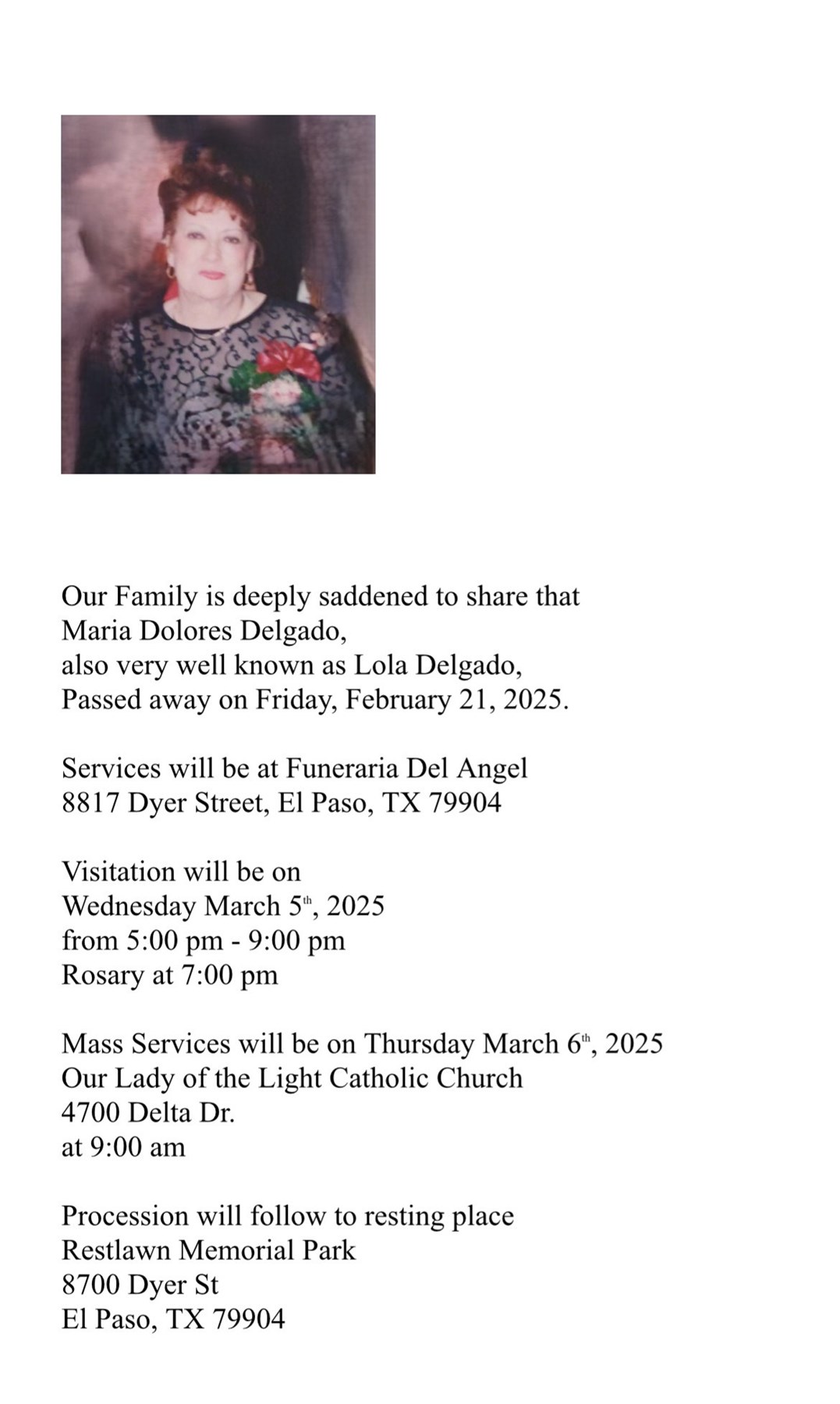 Obituary of Maria Dolores Delgado