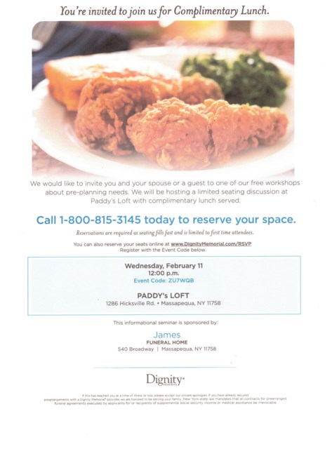 Obituary of Complimentary Lunch at the Paddy's Loft